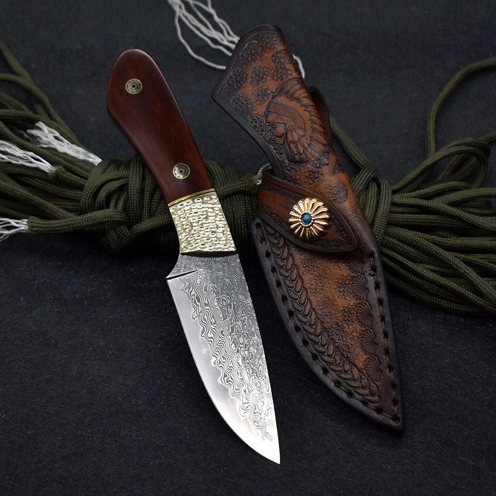 Small Damascus Steel Fixed Blade Camping Hunting Knife
