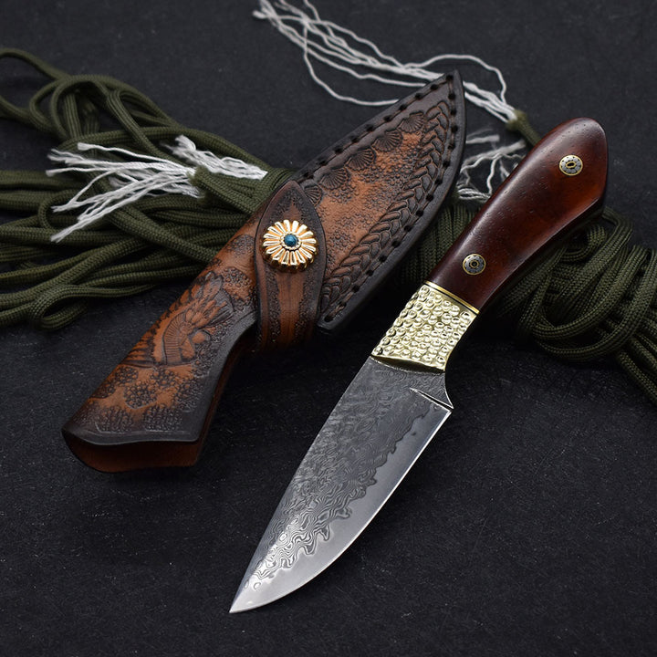 Small Damascus Steel Fixed Blade Camping Hunting Knife