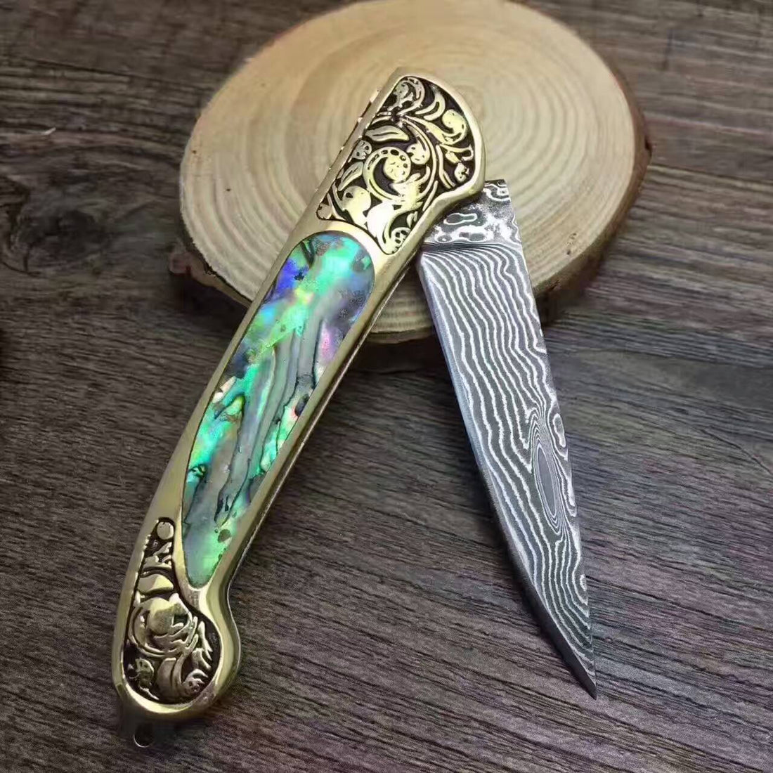 Camping Folding Survival Combat Knife With Natural Shell Handle