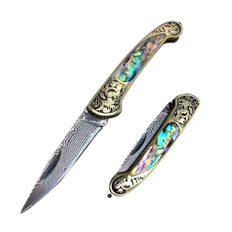 Camping Folding Survival Combat Knife With Natural Shell Handle