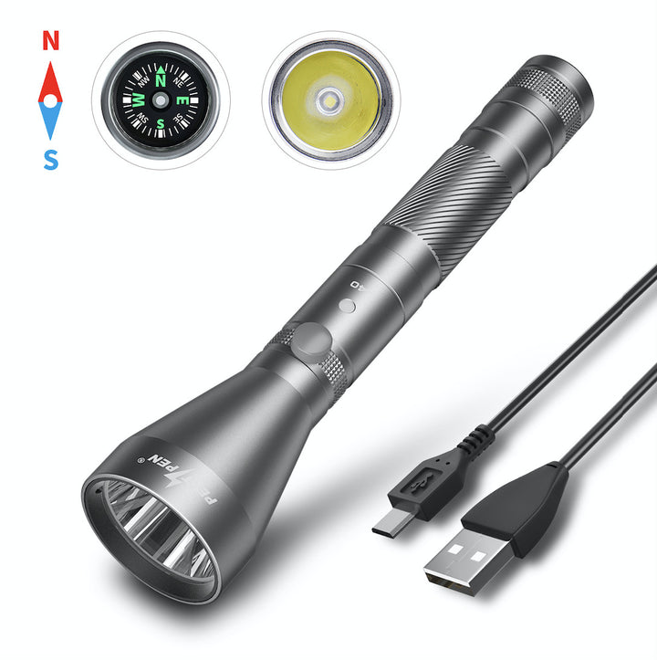 Long-Range Waterproof USB Rechargeable Camping Flashlight with Compass