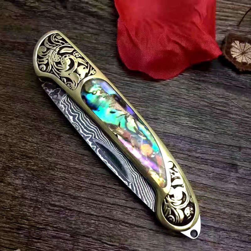 Camping Folding Survival Combat Knife With Natural Shell Handle