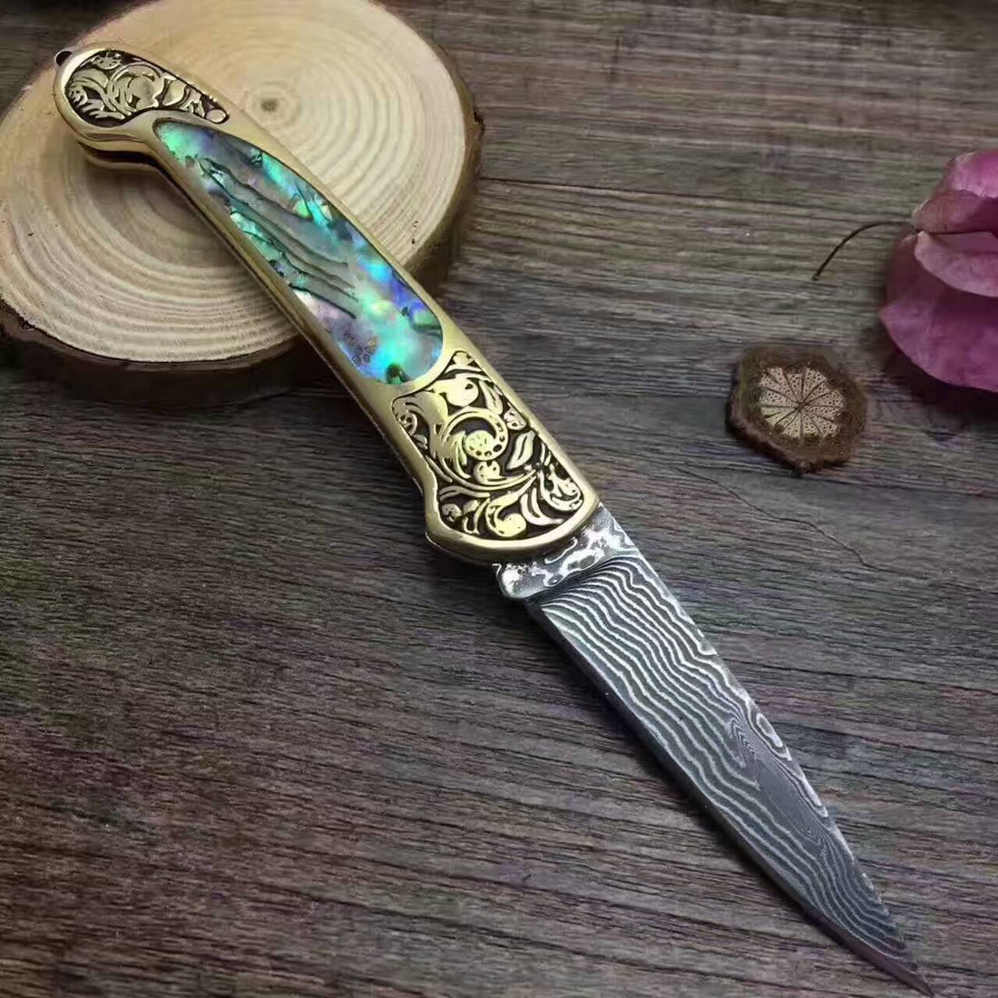 Camping Folding Survival Combat Knife With Natural Shell Handle